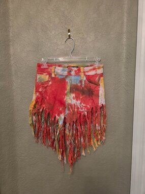 JC & JQ Rainbow Tie Dye Fringe Cut Off Festival Denim Jean Shorts M Stretchy